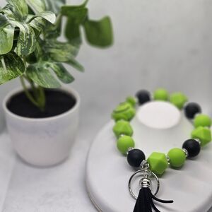 Chic Green and Black Beaded Key Holder with Tassel